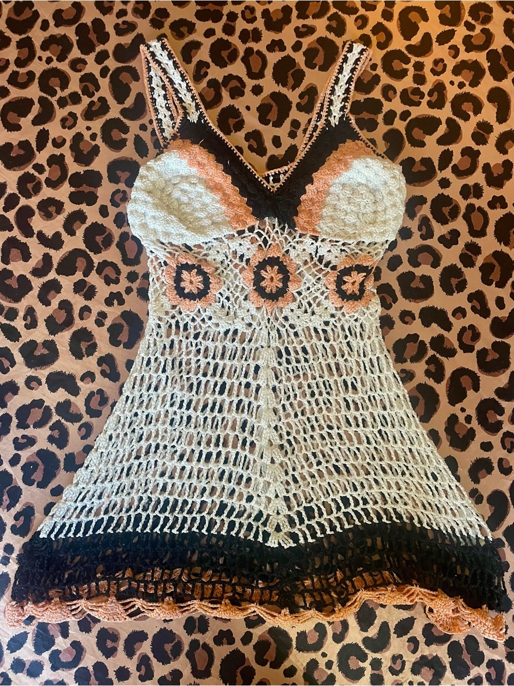 Crochet Tank Top Dress in Cream, Peach & Black